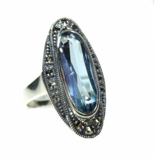 Noblesse Silber Jugendstil Ring mit ovalem Aquamarin + Markasiten  RG52