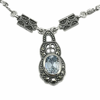 Feines Jugendstil Silber Collier mit Aquamarin und Markasiten