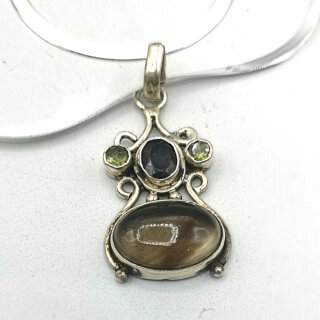 Zeitloser Silber Boho Anhänger mit Rauchquarz, Peridot und Amethyst