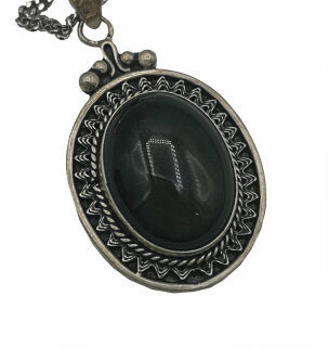 ART DECO Silber Anhänger mit Obsidian an Kette um 1935